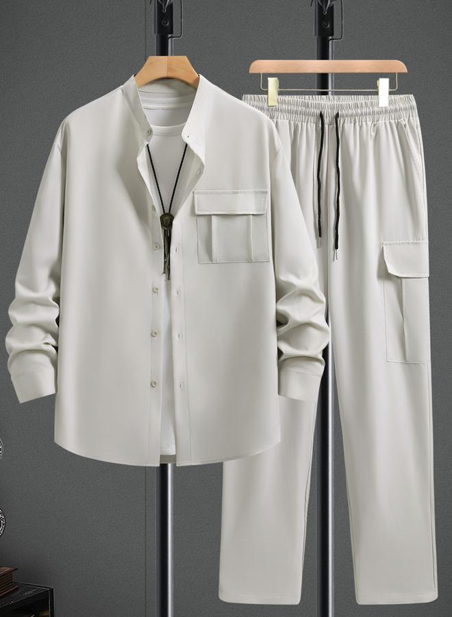 Take Two Men Beige Solid Buttoned Shirt and Trousers Co-Ords - Image 1